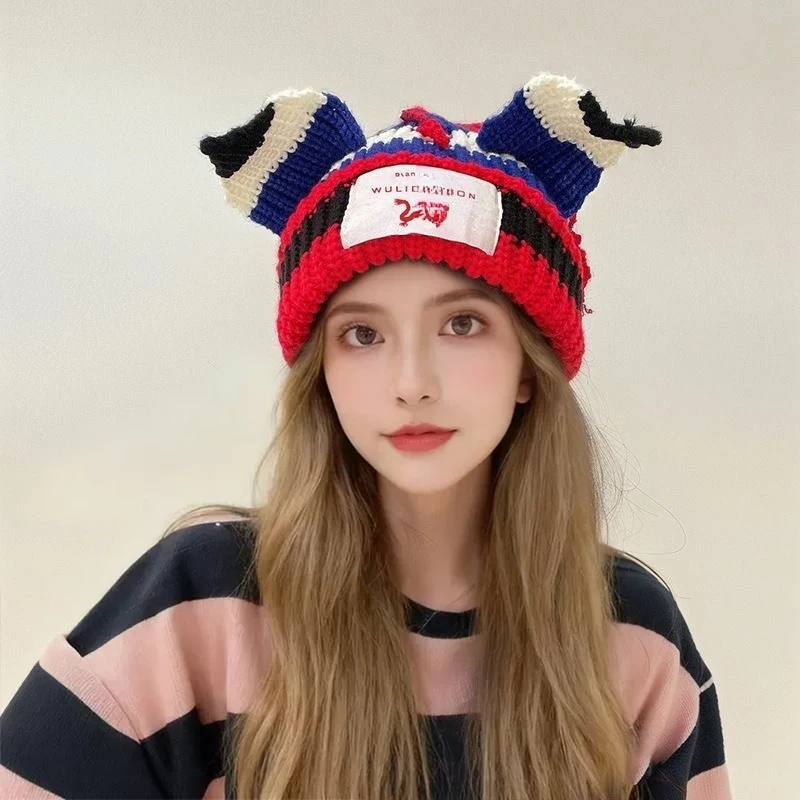 Kawaii Pig Ear Knitted Beanie Hat For Women And Men Winter Warm Fashion Striped Ski Hat Trendy Headwear New Year Gift