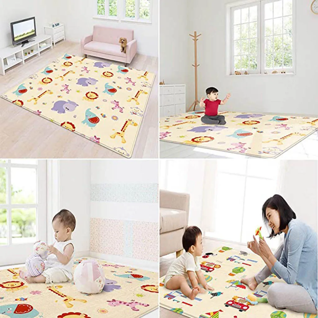 Baby Play Mat Foldable Carpet Cute Animals Printed Baby Crawling Mat Reversible Play Gym Non-Slip Waterproof Puzzle