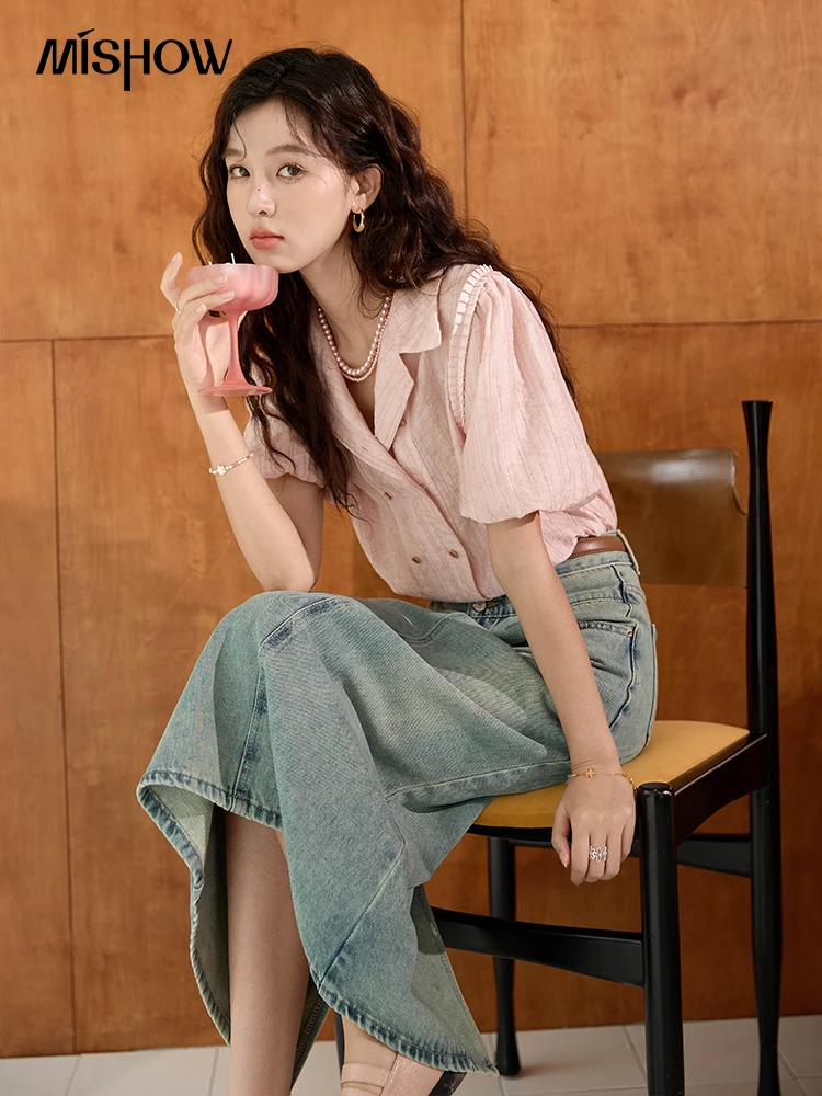 MISHOW French Pleated V-Neck Shirt Petal Patchwork Ruffle Sleeve MXD13X1354 main image 1