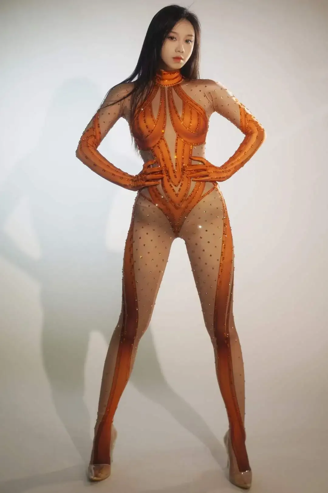 

Stunning Silver Orange Rhinestone Jumpsuits Women Pole Dance Nightclub Stage Wear Performance Rave Festival Drag Queen Romper