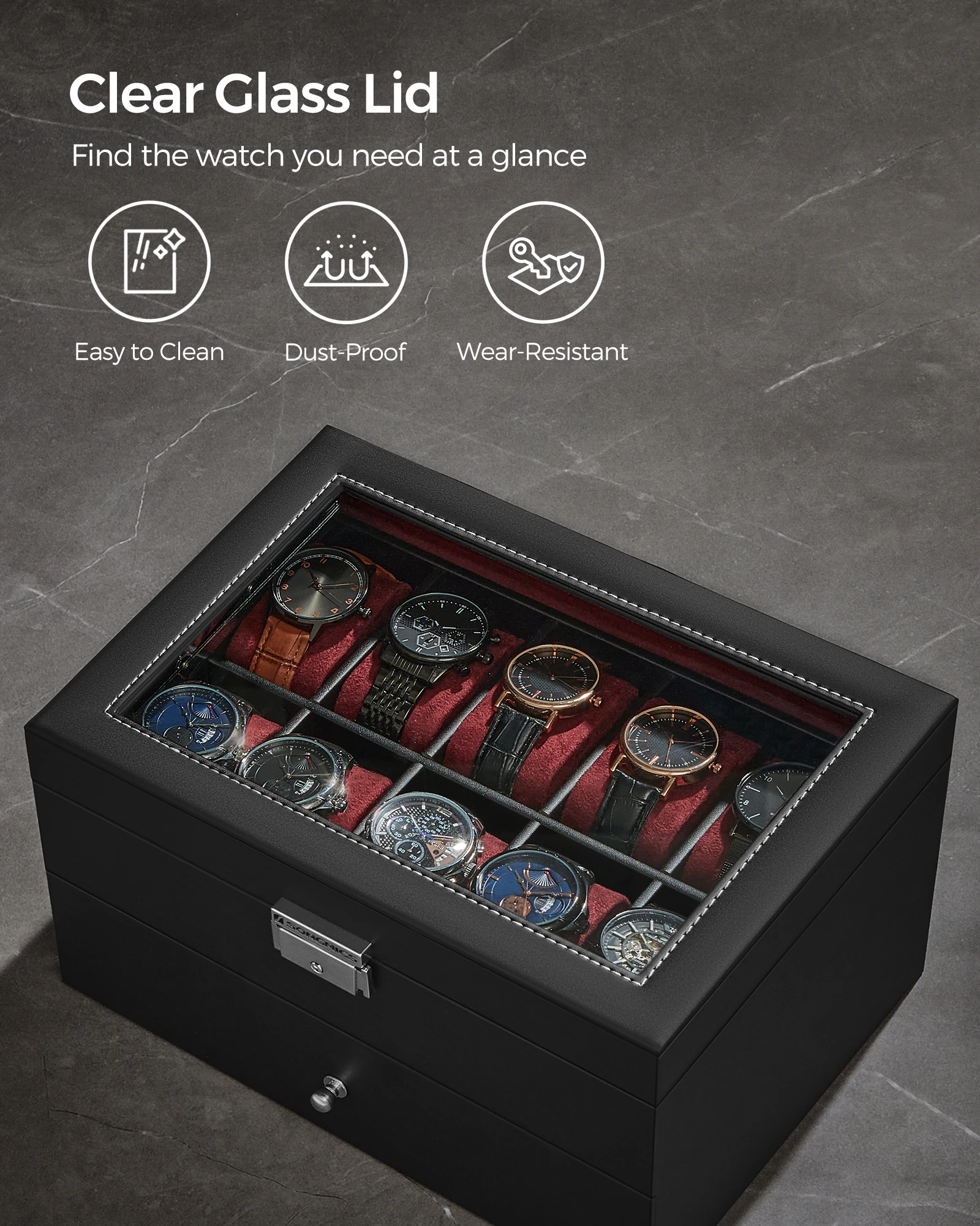 20-Slot Two-Layer Watch Box with Lockable Glass Lid, Velvet-Lined Watch Display Case, R... - SKU JDC00957 - UGI Packaging