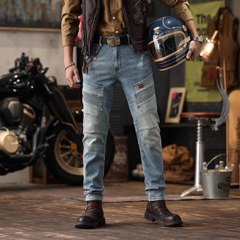 2024 New Retro Nostalgic Stitching Motorcycle Jeans Men\'s Slim Fit Skinny Elastic Trend Skinny Trousers