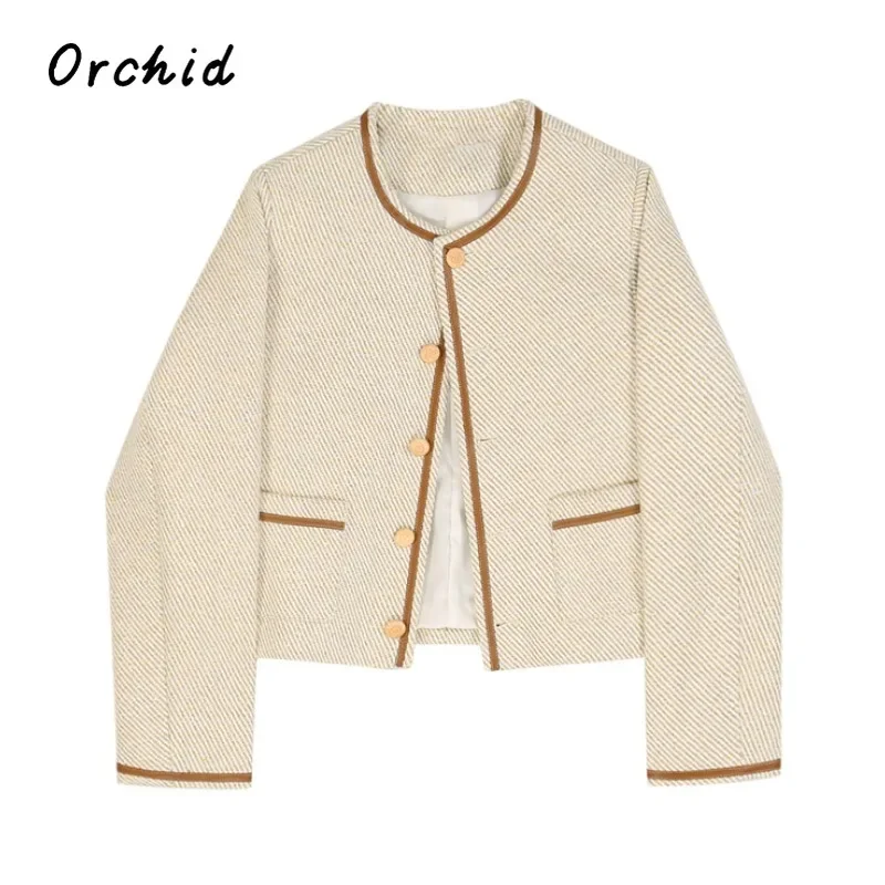 

2023 Autumn Winter High-end Jacket Women Crewneck Striped Cropped Coats Korean Luxury Style Single Breasted Fashion Coat Top