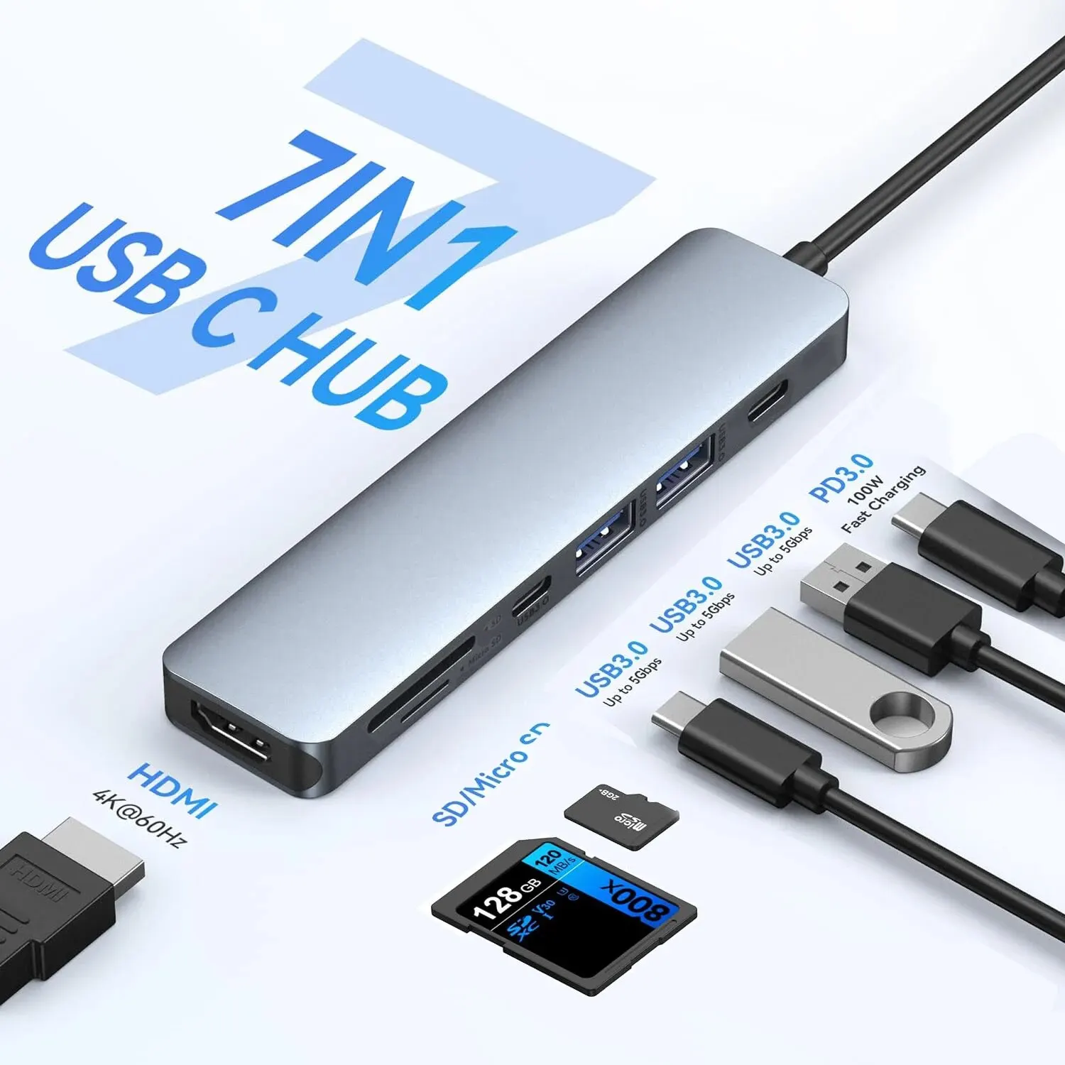 USB C 허브 어댑터 to 4K HDMI 호환 SD TF 카드 리더, USB 3.0 2.0, C타입 PD 충전, 맥북 아이패드 덱스 씽크패드용
