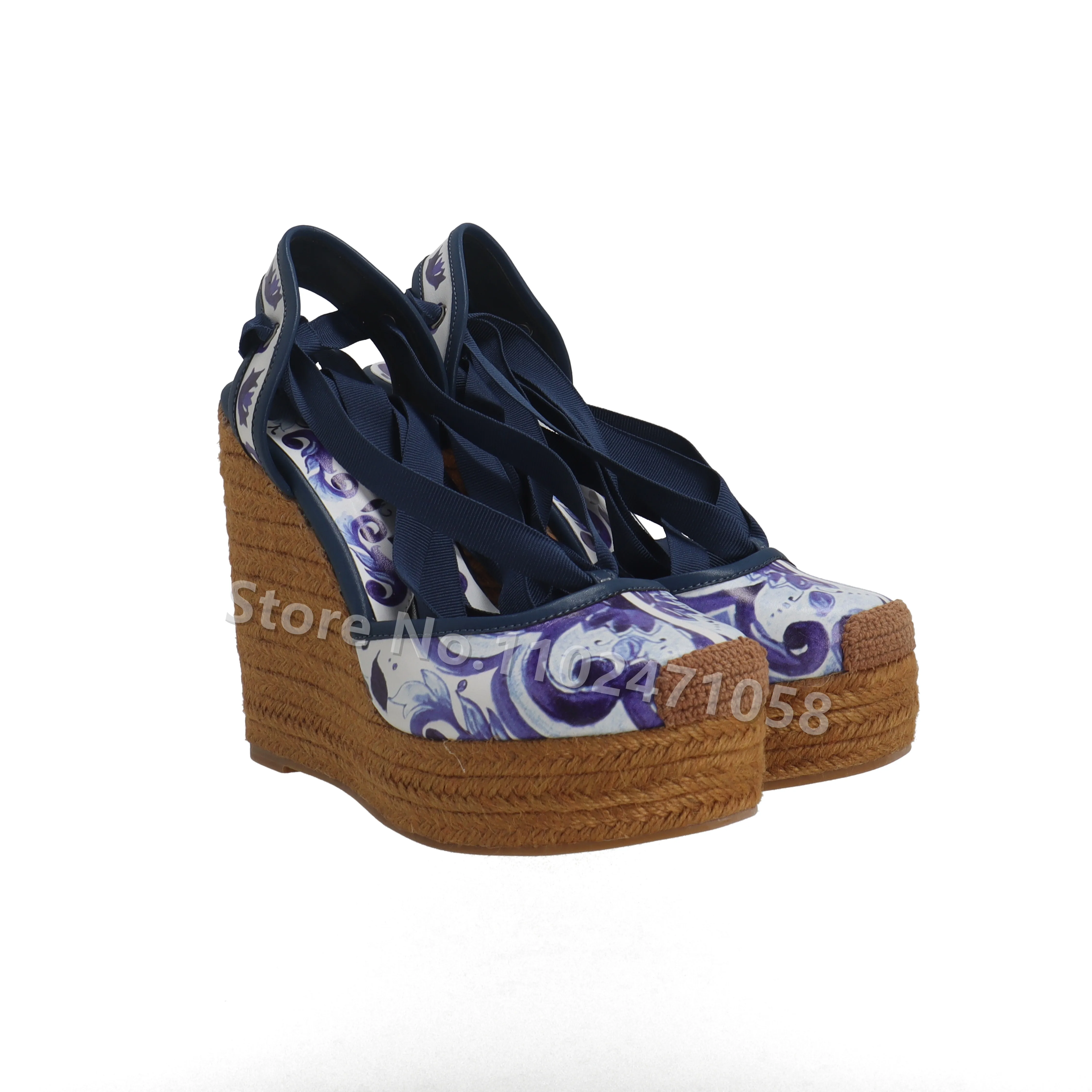 

Mixed Color Graffiti Wedges Women Ankle Lace-Up Sandals Fashion Hemp Rope Weaving Chunky Bottom Hollow High Heels Ladies Shoes