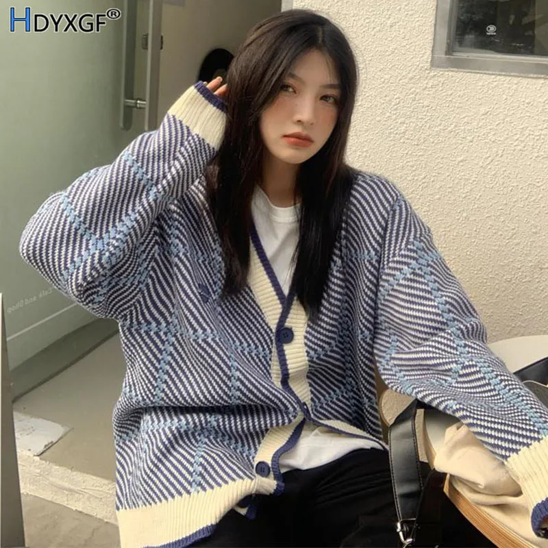 

Oversized 4xl Plaid Knitwear Cardigans Women Baggy Single Breasted V-neck Long Sleeve Sweaters Korean Fashion Patchwork Tops New
