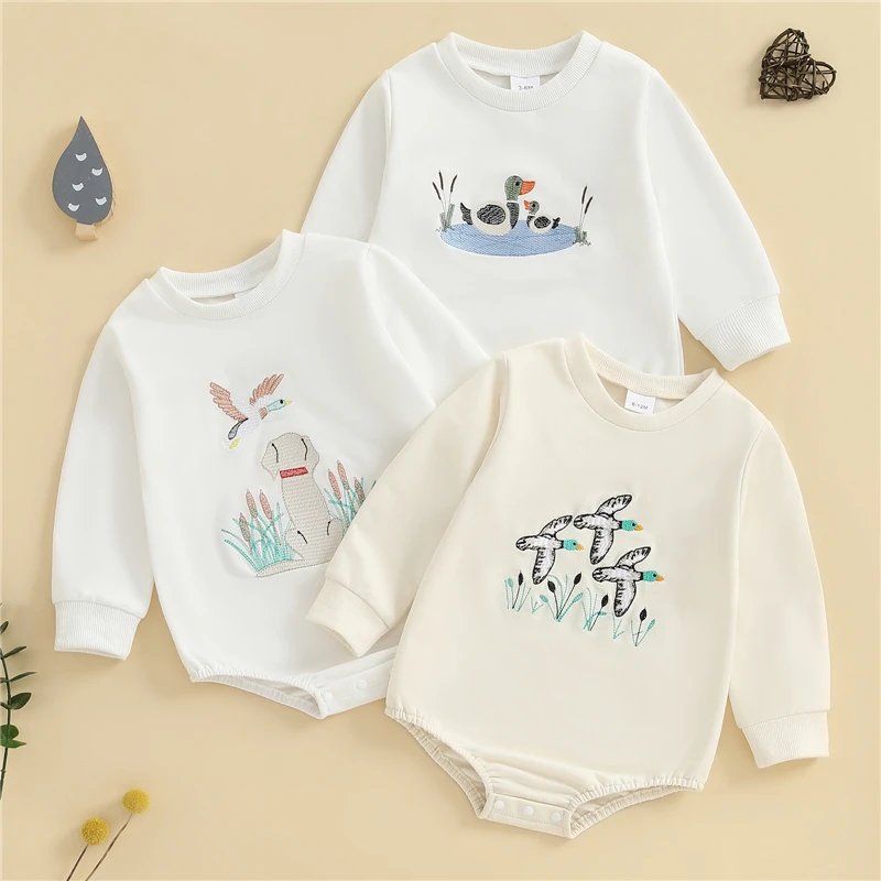 Autumn Baby Sweatshirt Rompers Baby Boys Toddler Fall Clothes Long Sleeve Crewneck Duck Embroidery Casual Romper Jumpsuit