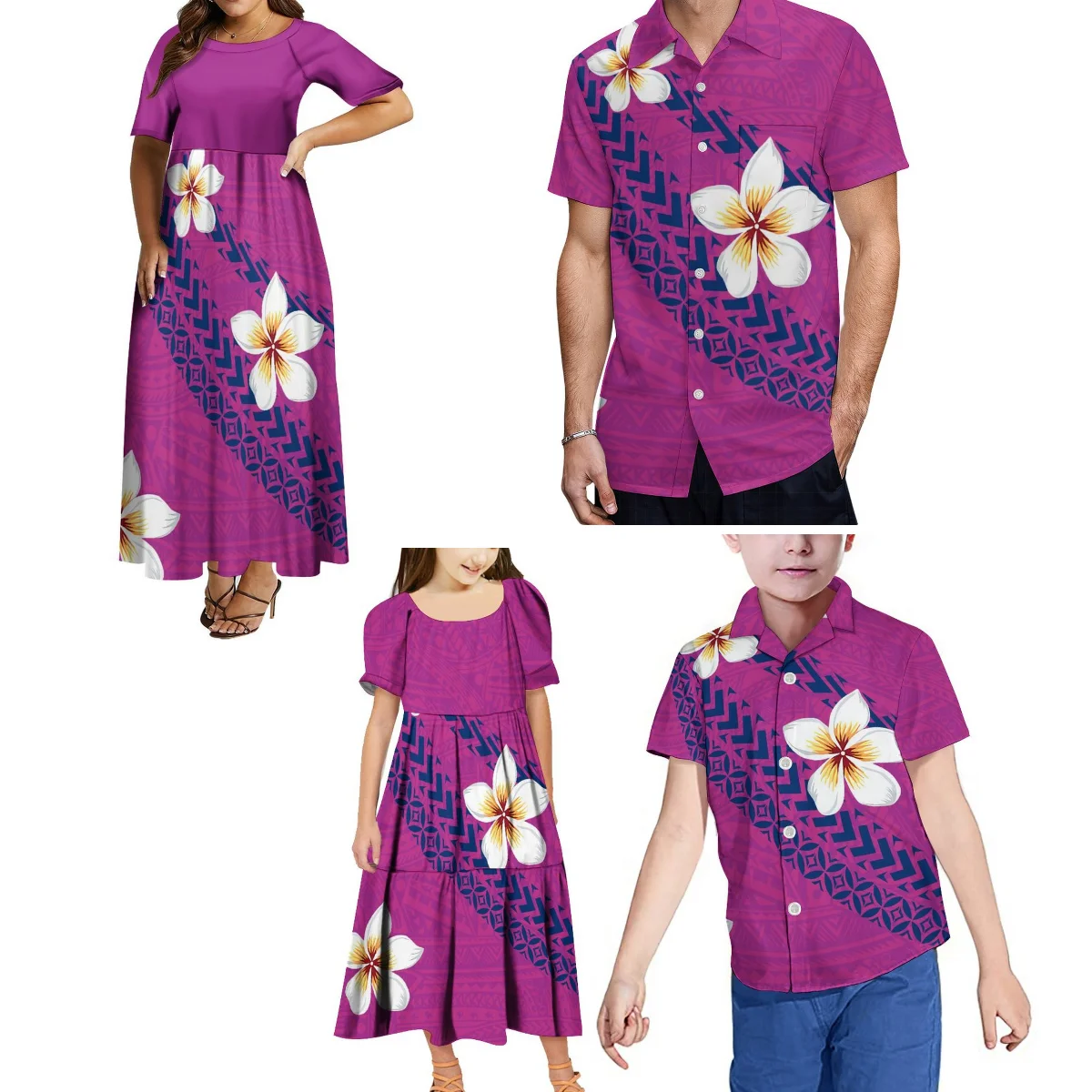 

Stylish Samoan Family Suit Polynesian Tribe Design Women'S Dress Short Sleeve Long Skirt Girls' Dress Men'S Shirt Boys' Shirt