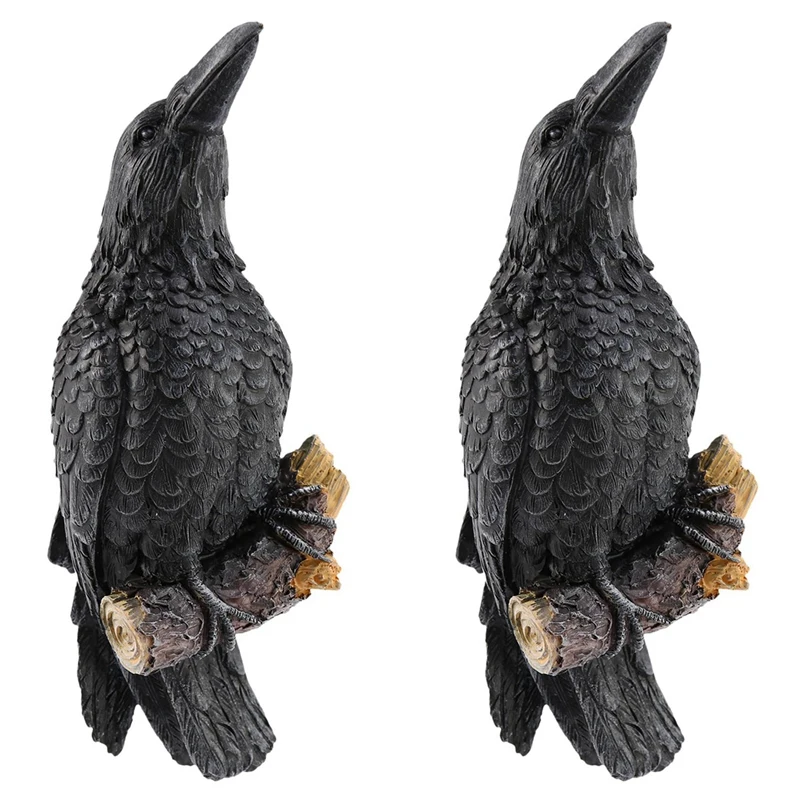 2X Raven Statue Fake Raven Resin Statue Bird Crow Sculpture Outdoor Crows Halloween Decor Creative Eaves Decoration