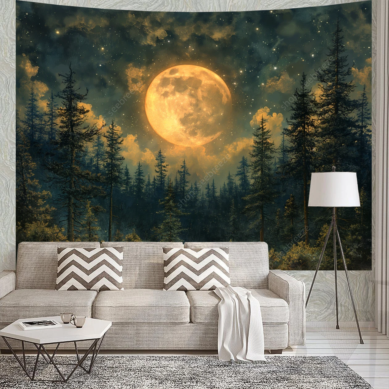 

Psychedelic Moon Tapestry Forest Tree Tapestry Wall Hanging for Bedroom Ceiling Aesthetic Living Room College Dorm Hippie Decor