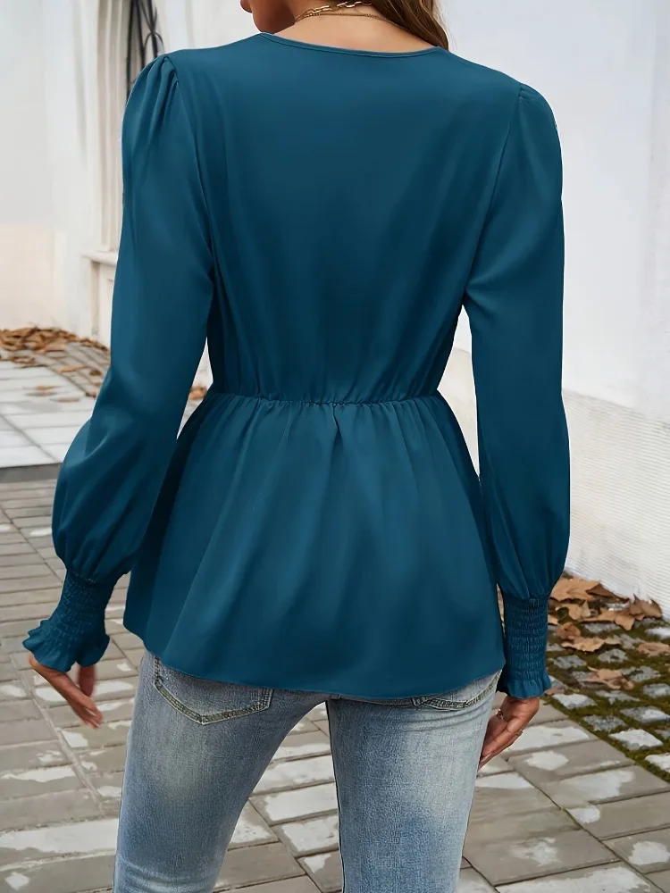 Elegant New Girls Deep V-Neck Blue Lantern Sleeve Chiffon Shirt Fashion Spring and Autumn Lace-Up Slim-Fit Office Casual Blouse