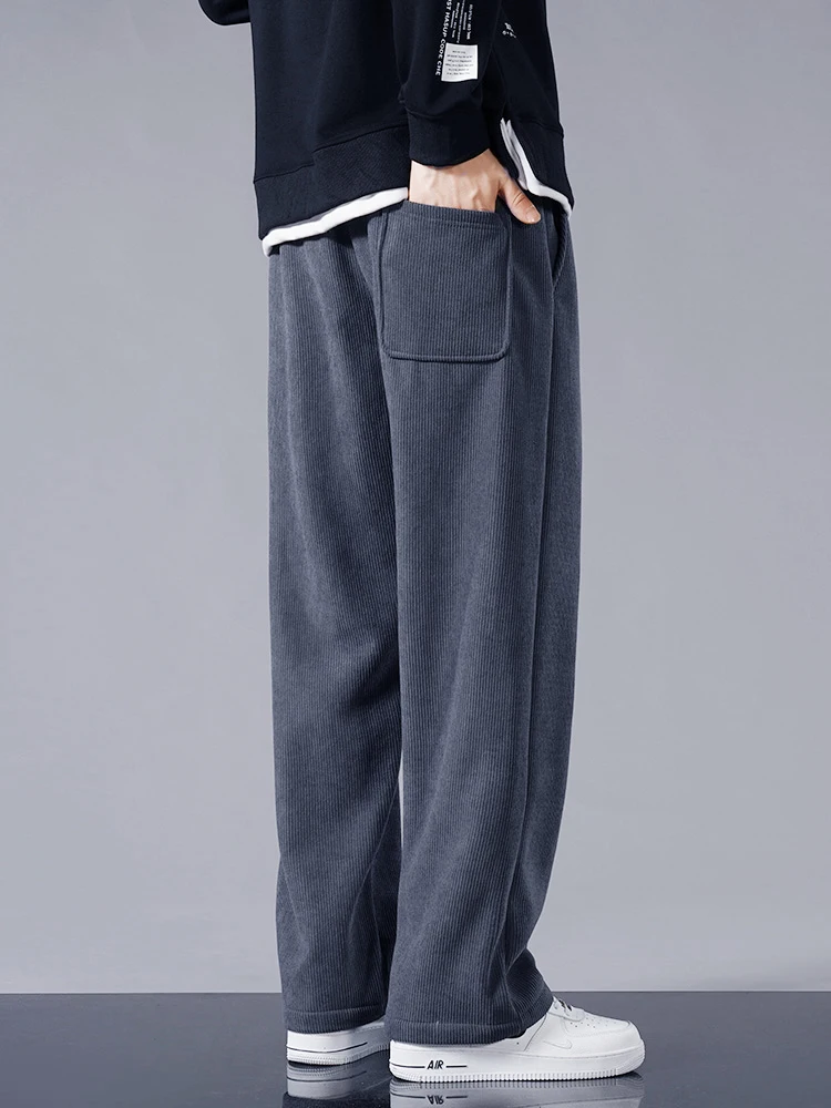Winter Thick Warm Corduroy Sweatpants Men Fleece Liner Drawstring Straight Loose Track Pants Male Casual Fleece Thermal Trousers 3