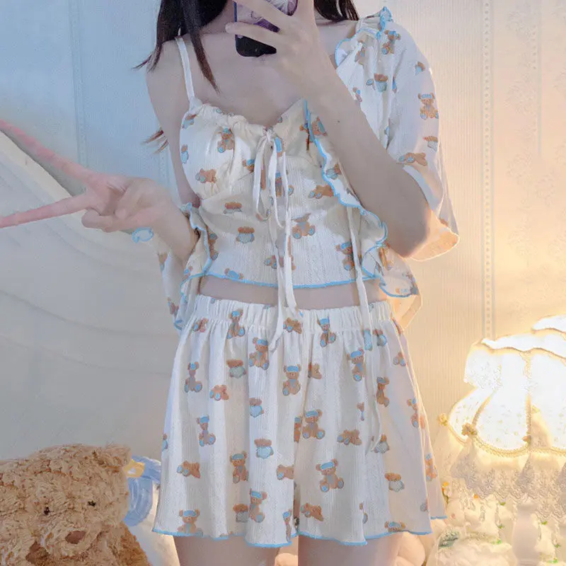 

QWEEK 3 Pieces Suits with Shorts Loungewear Summer Kawaii Pajamas Sweet Women Bear Printed Cardigan Home Clothes