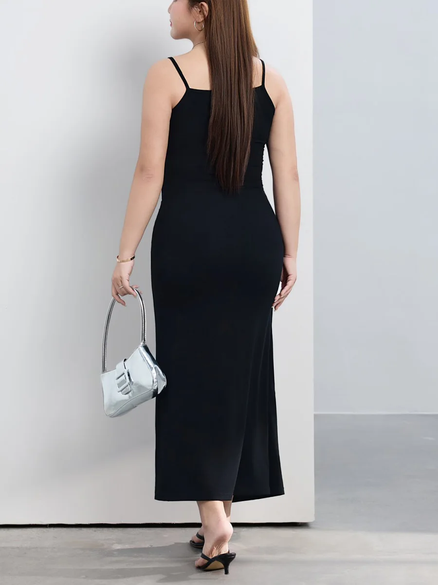 Plus Size French Hot Girl Twisted Knot Waist Slim Sexy Premium Knitted Front Slit Design Spaghetti Strap Dresses For Women