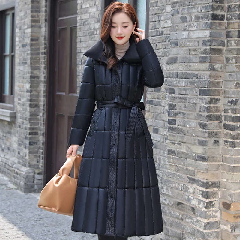 

Winter X-Long Parkas for Women 2023 New Fashion Single Breasted Winter Jackets With Belt Korean Style Thick Warm Overcoat Female
