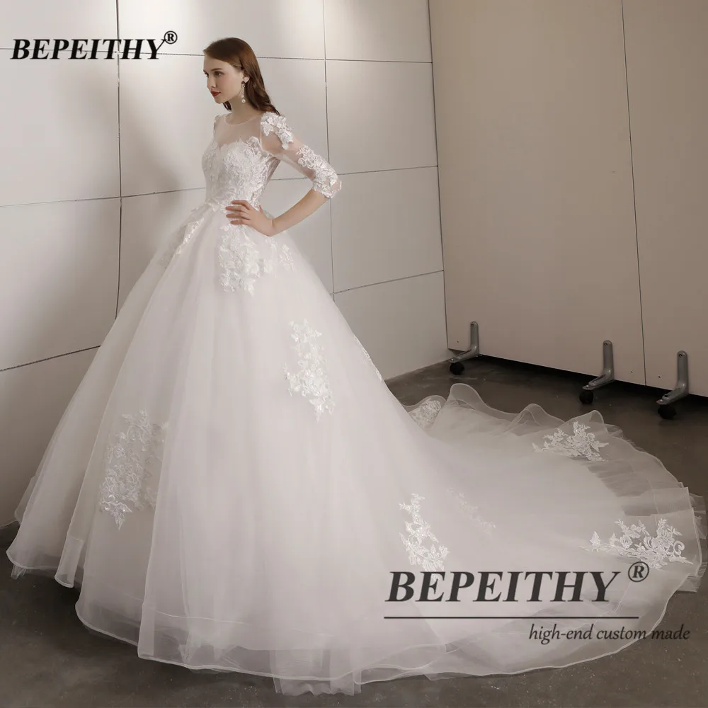 BEPEITHY Customized Vestidos De Novia Plus Size Half Sleeves Princess Wedding Dress For Women Lace Court Train New Bridal Gowns 5
