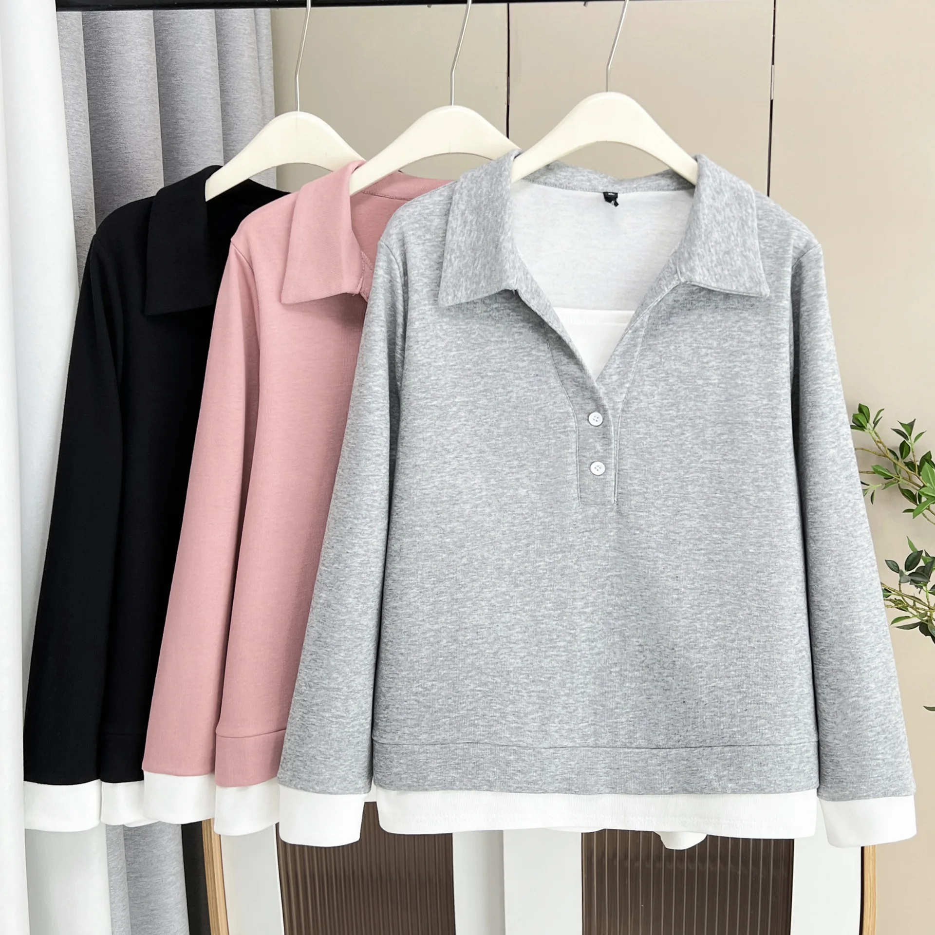 Fashion Plus Size Women's Sweatshirt Autumn New Casual Lapel Long Sleeve Fake Two Pieces Hoodies 627