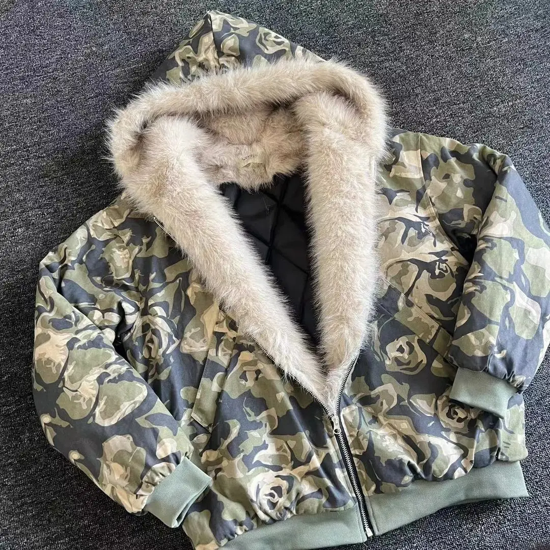 American Camouflage Fur Collar Thickened Jacket Cotton Streetwear Retro Trend Men's Loose Hooded Coats Thickened Warm Jacket 2