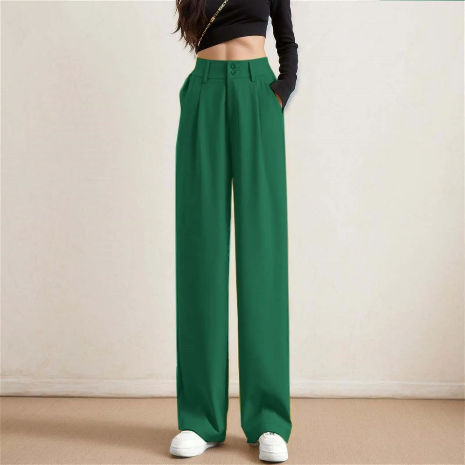 Summer Women's Straight Leg Pants Casual Buttons High Waist Ice Silk Pants Real Fashion Office Elegant Women's Suit Pants