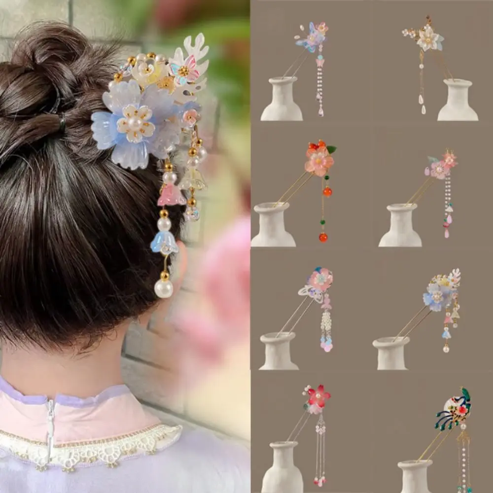 Elegant Chinese Style Flower Hair Stick Handmade Vintage Hanfu Hair Bun Hair Clips Alloy Butterfly Hairpin For Girls Children