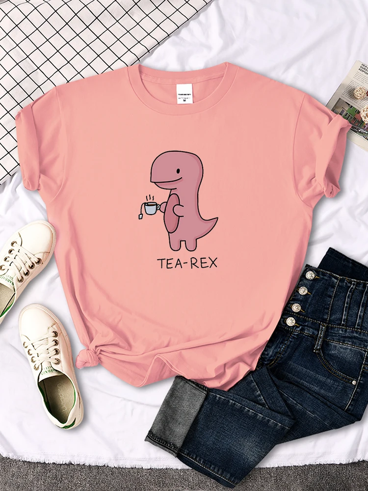 thumbnail image 1 of Camiseta con estampado de té y Rex rosa para mujer, de gran tamaño con cuello redondo ropa holgada, Harajuku, Kawaii, Animal que combina con todo, 1 of 5
