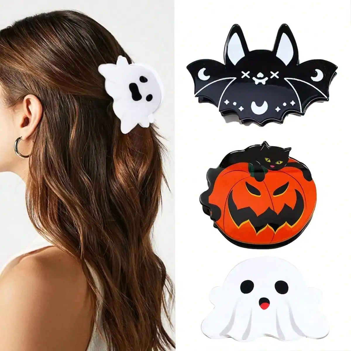 1 Stück Halloween-Haarspange Ghost Bat Haarspange geeignet für dünnes Haar, orange kürbisförmige süße Haarspange, Party-Haar-Accessoire