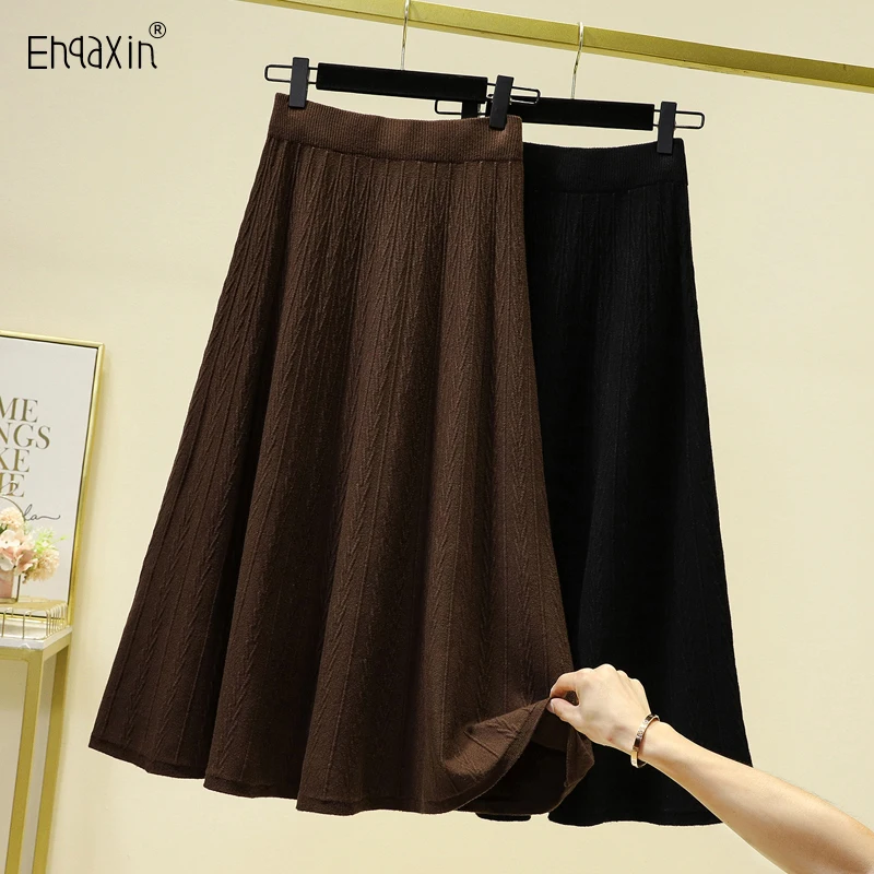 EHQAXIN Fashion Womens Skirt All-Match 2022 Autumn Winter High Waist Knit Casual Loose A-Line Midi Skirts For Ladies L-4XL rainie sean ladies waist belt for dress braided womens belt ethnic colourful wooden bead belts for women handmade wide strap