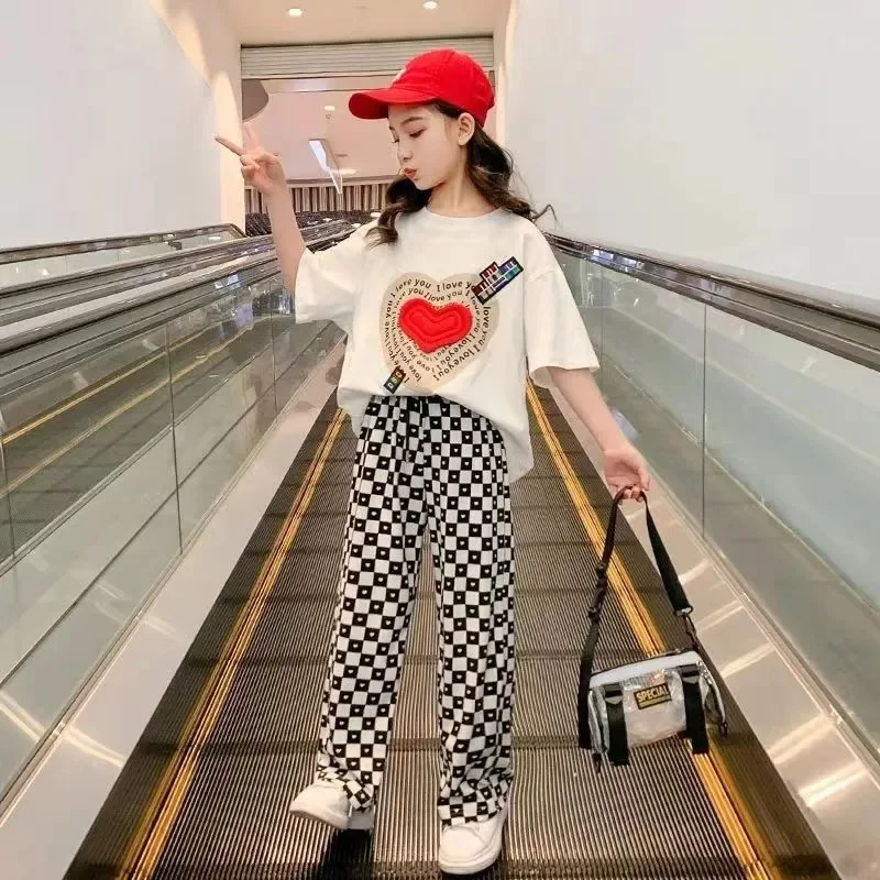 

2023 Kids Girls autumn Sets loose short heart T-shirts + checked Plaid Wide Leg Pants Child Clothing Teenager 7 8 10 12 Years