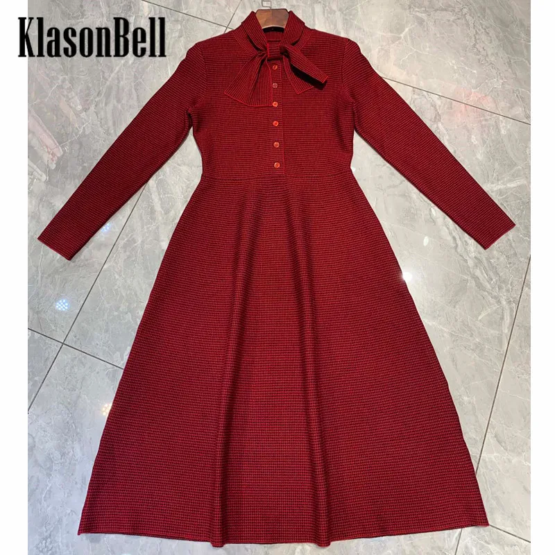

10.13 KlasonBell Elegant Vintage Houndstooth Pattern Turndown Collar Bow Wool Knitted Dress Women