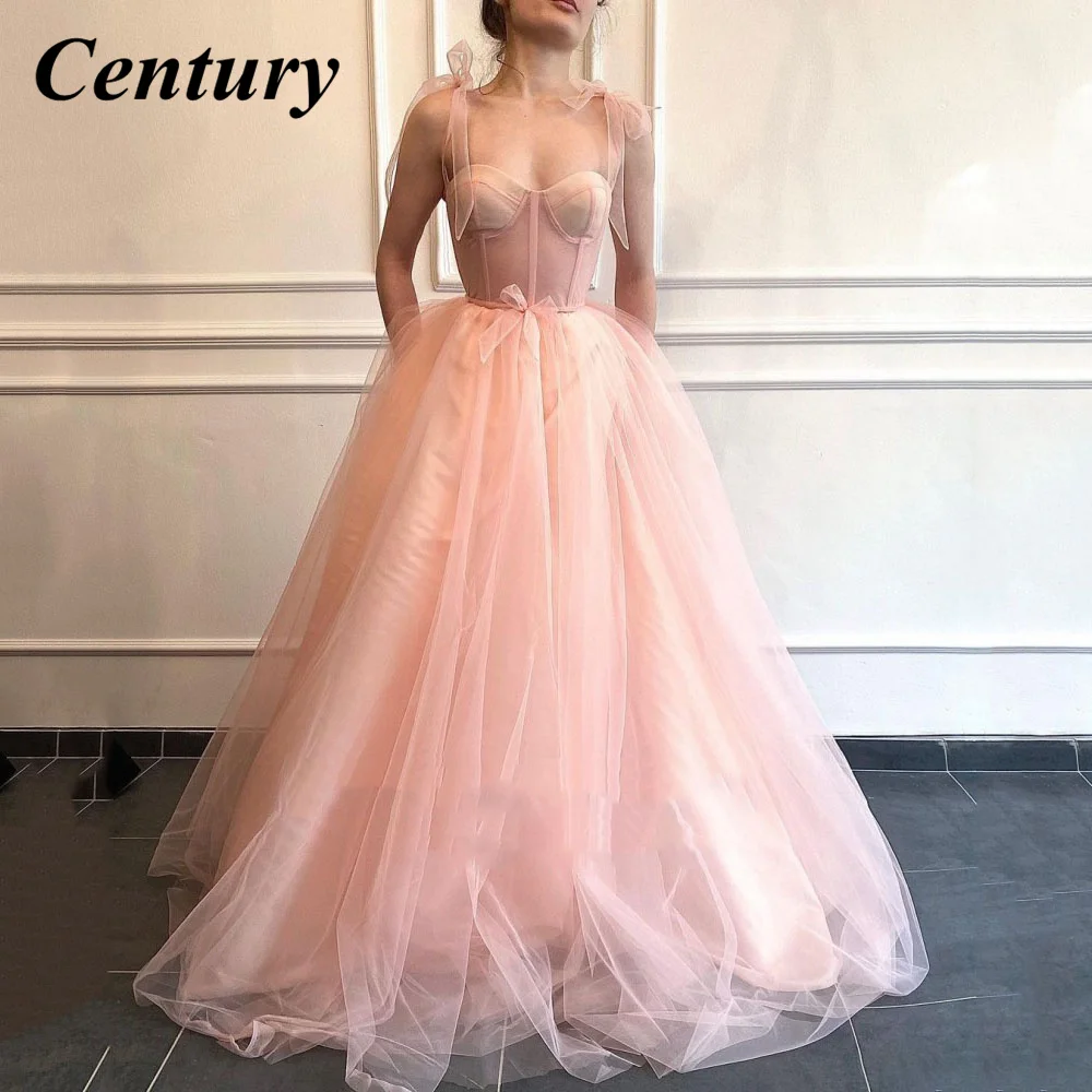 

Century Fairy Pink Prom Dresses Spaghetti Strap A-Line Arabic Evening Gown Blush Pink Long Celebrity Party Dress For Graduation