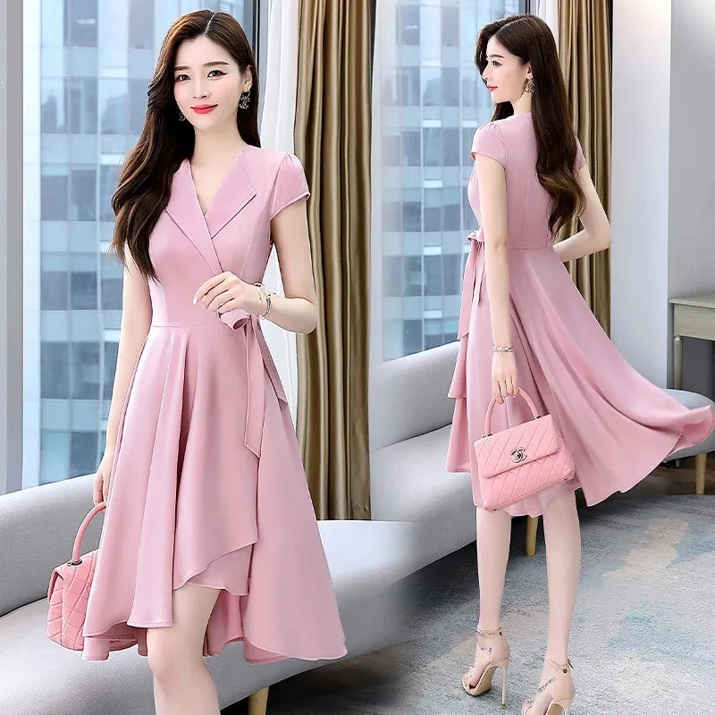 Elegant V-neck A-line Midi Dress Women Summer Korean Fashion Elbise Bandage Short Sleeve Dresses Plus Size 4xl Vestidos De Mujer