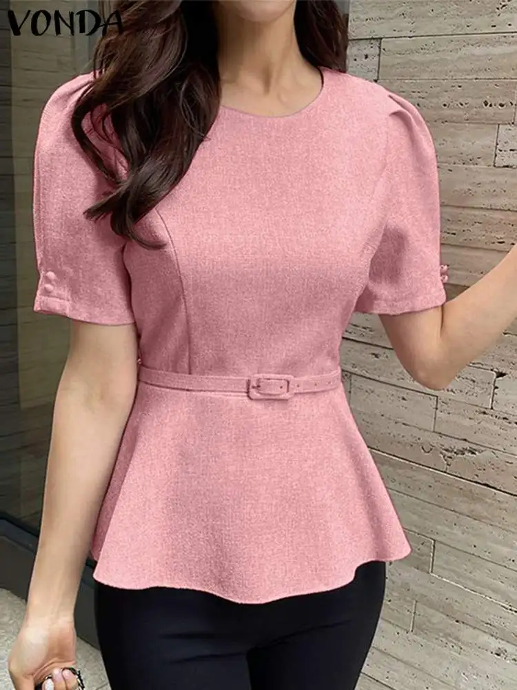 

VONDA Summer Women Elegant Blouse Short Sleeve Tops Belted 2023 Fashion Casual Solid Color Tunic Puff Sleeve Shirts OL Blusas