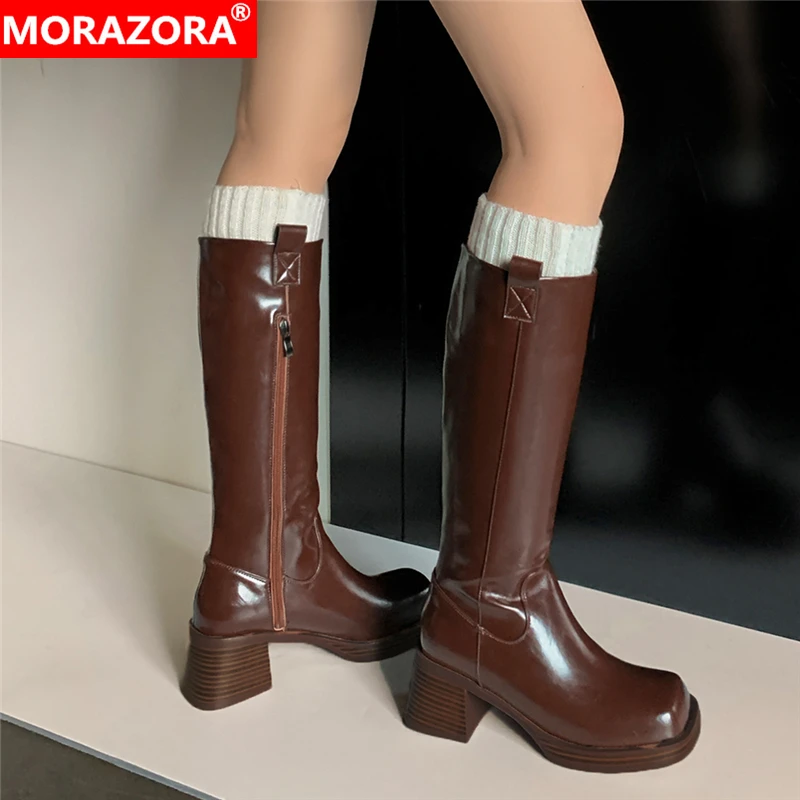 

Plus Size 34-43 Ins Hot Genuine Leather Boots Platform Square Toe Knee High Boots Women Square Heels Zipper Motorcycle Boots