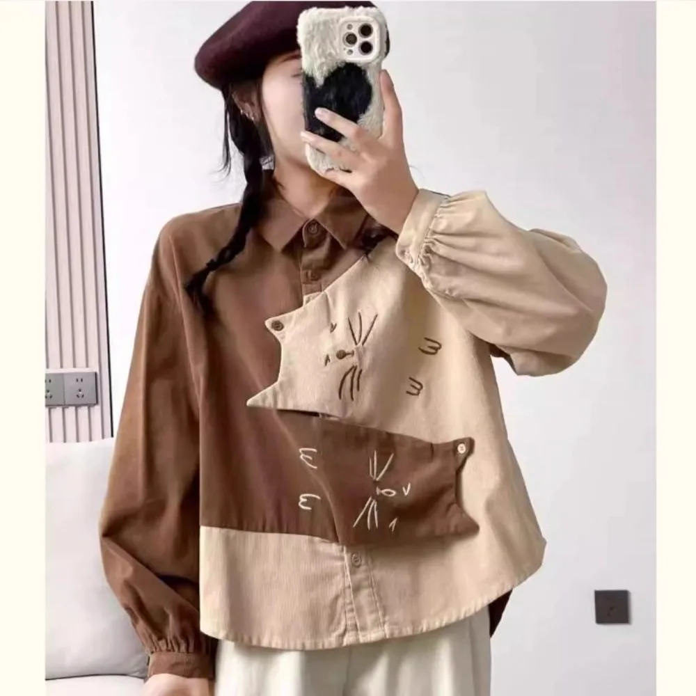 

Cartoon corduroy shirt female long-sleeved 2024 fall and winter new Japanese sweet loose splicing bottoming shirt blouse