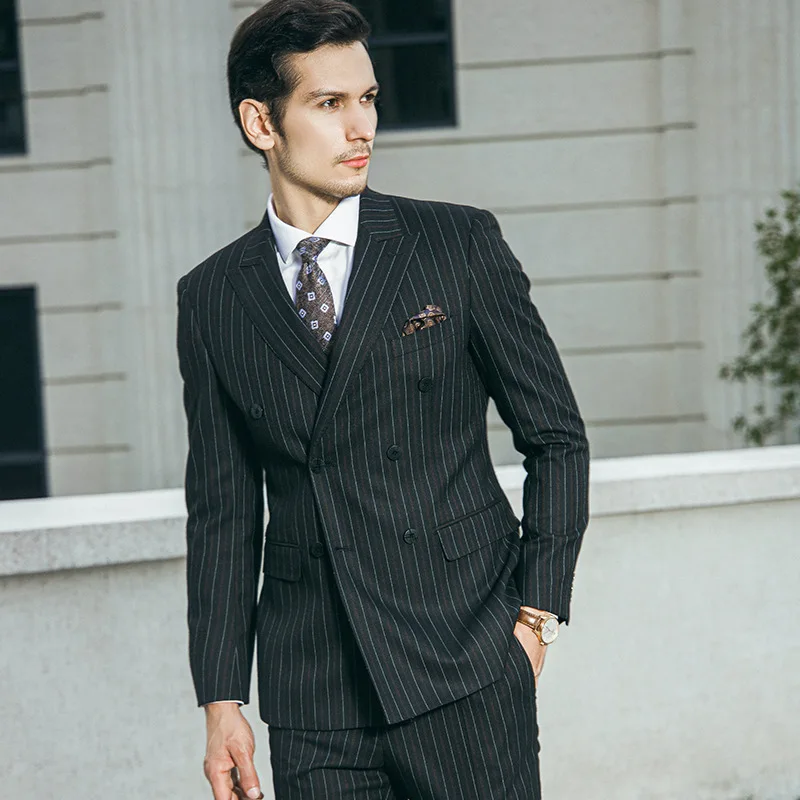 Men's suit two-piece black and white striped men's suit business casual Korean professional formal wedding groom best man H7031