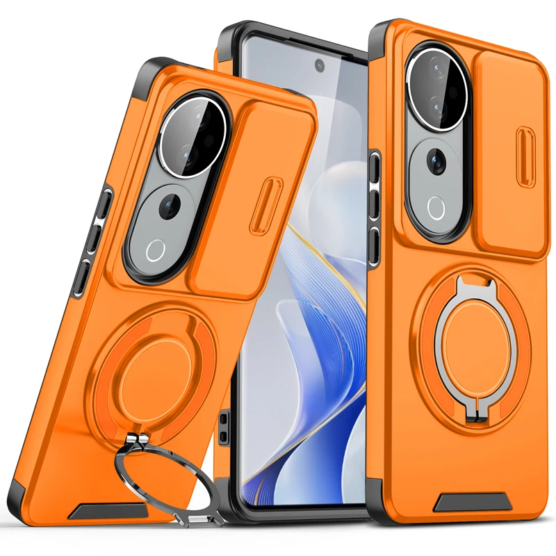 ELVEV Magnetic Shockproof Phone Case with Rotating Ring Bracket - Hard PC + Soft TPU