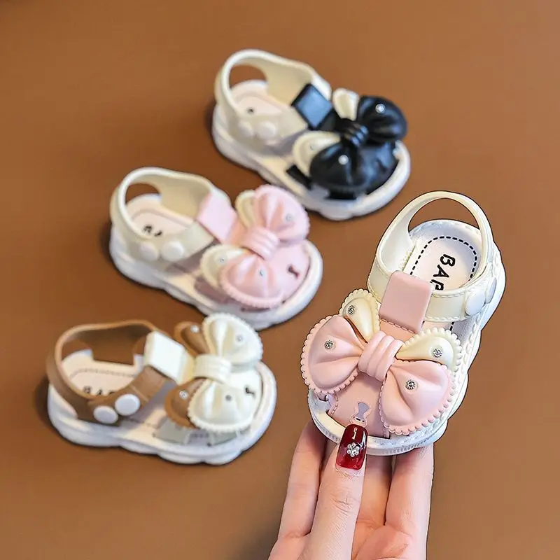 New Summer Aged 0-3 Cute Bow Rhinestone Baby Shoes For Girls Non-Slip Soft-Soled Children Toddler Kids Sandals With Covered Toes kids shoes kids sandals baby sandals sandals and clogs