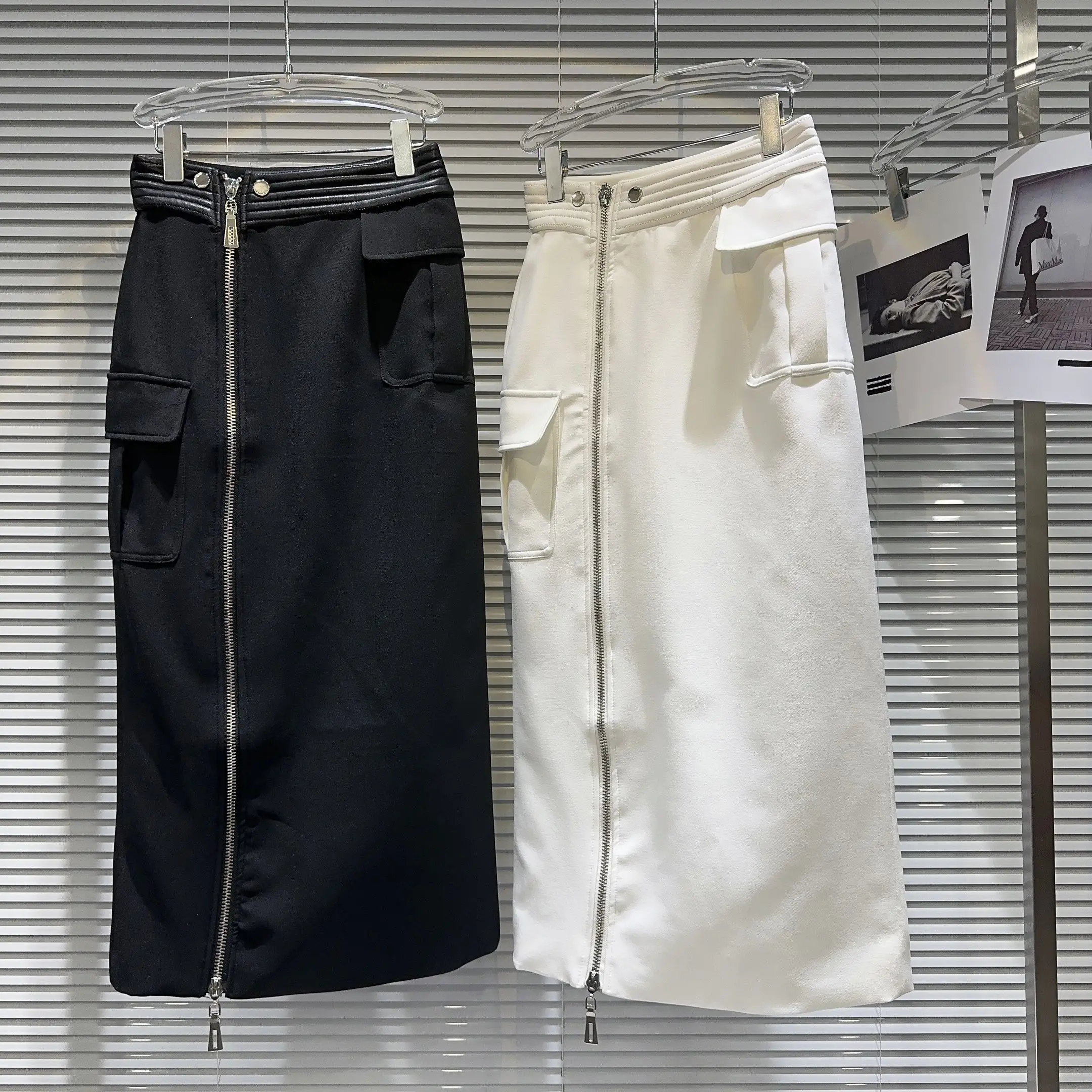 

women's long cargo skirt pu leather waist side zip straight black white y2k maxi skirts