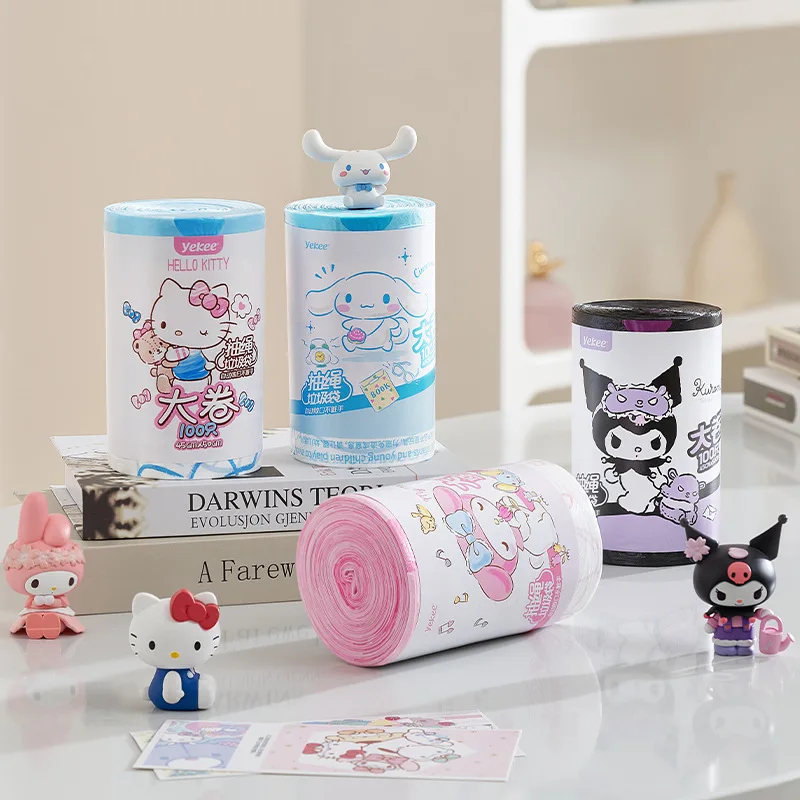 100PCS Kawaii Drawstring Garbage Bag HelloKitty Trash Bag My Melody Kuromi Cute Anime Household Thickened Large Roll Garbage Bag