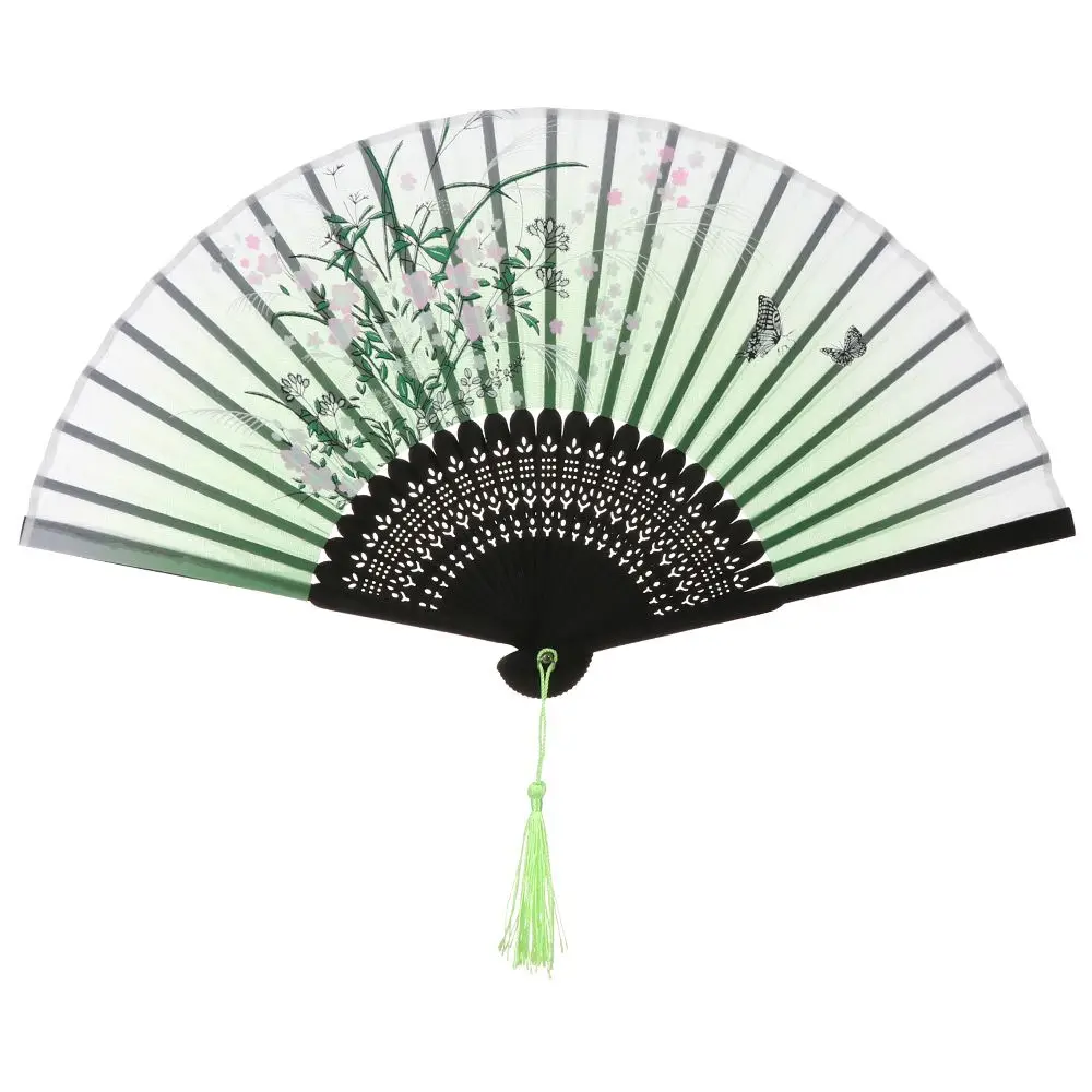 Elegant Vintage-Style Bamboo Silk Hand Fan with Colorful Tassel