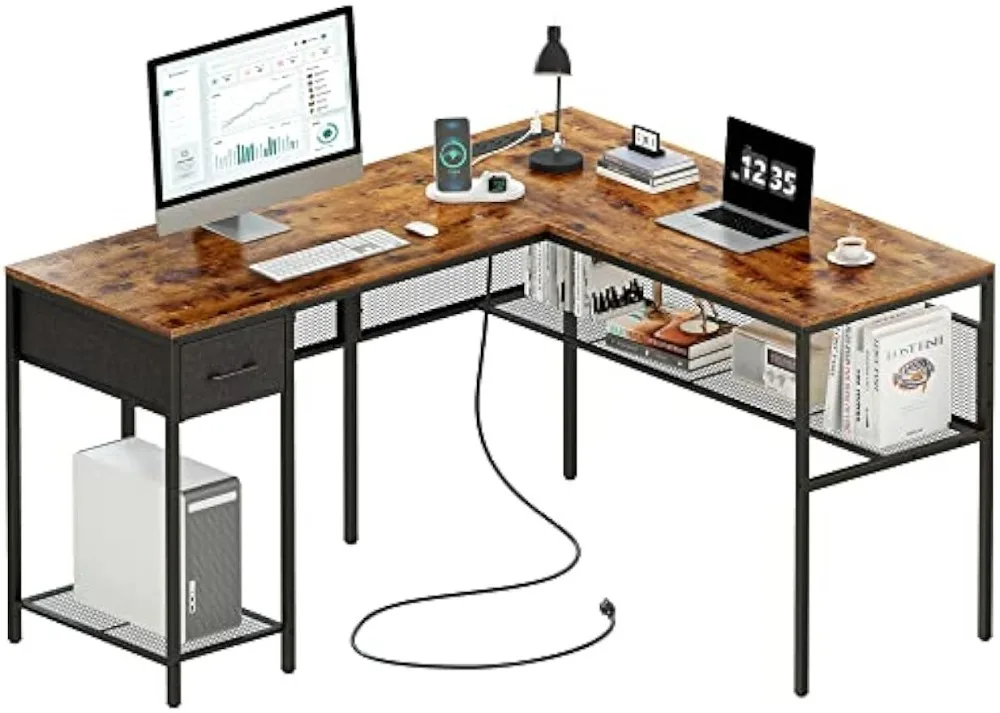 

L Shaped Desk with Power Outlets, Computer Desk with Drawer, Reversible Corner Desk with Grid Storage Bookshelf, Home Office