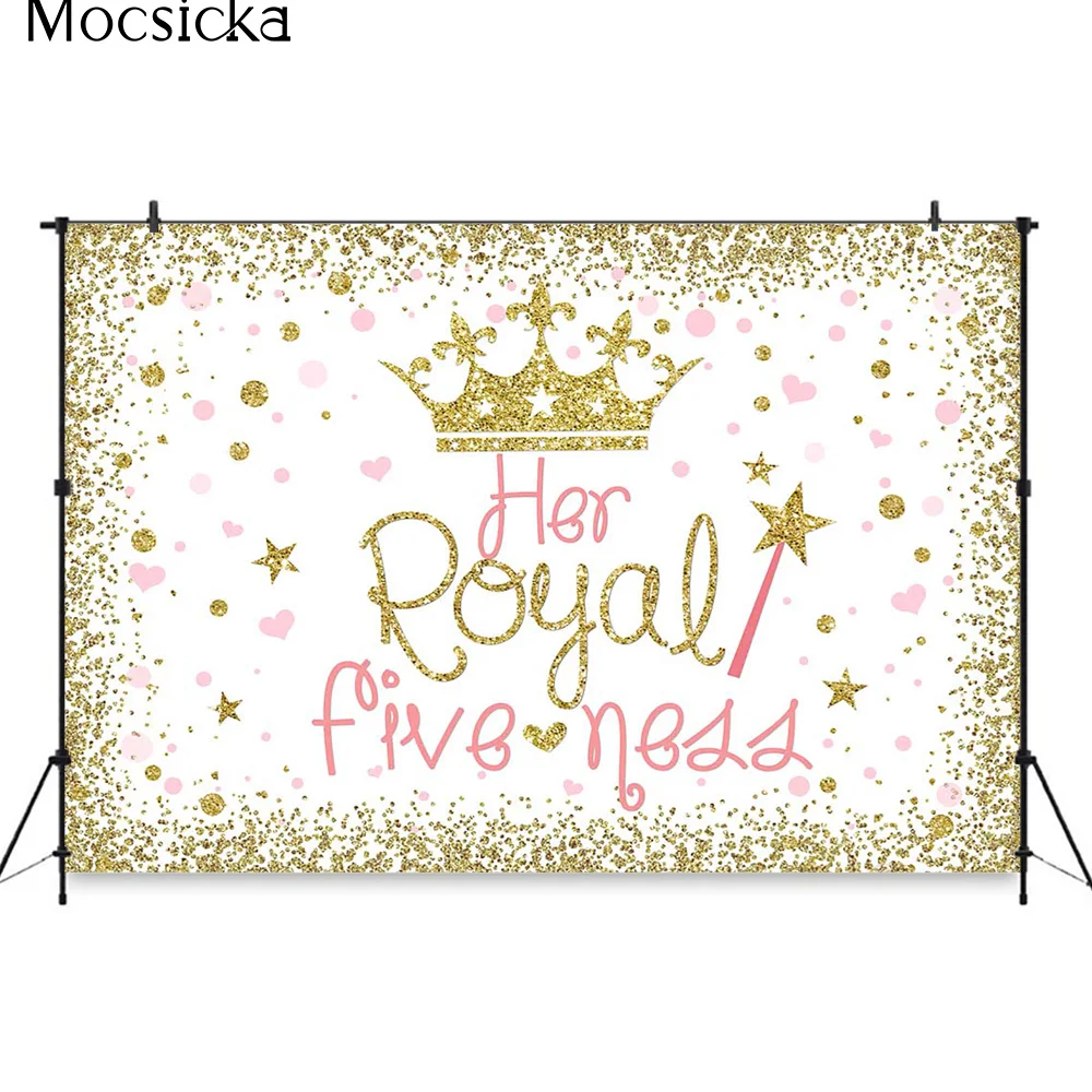 Mocsicka-doce Menina Birthday Party Backdrop Seu Cenário de Batismo Real Banner Gold Crown Decoração Photo Shoot Prop 5th Birthday - Image 5