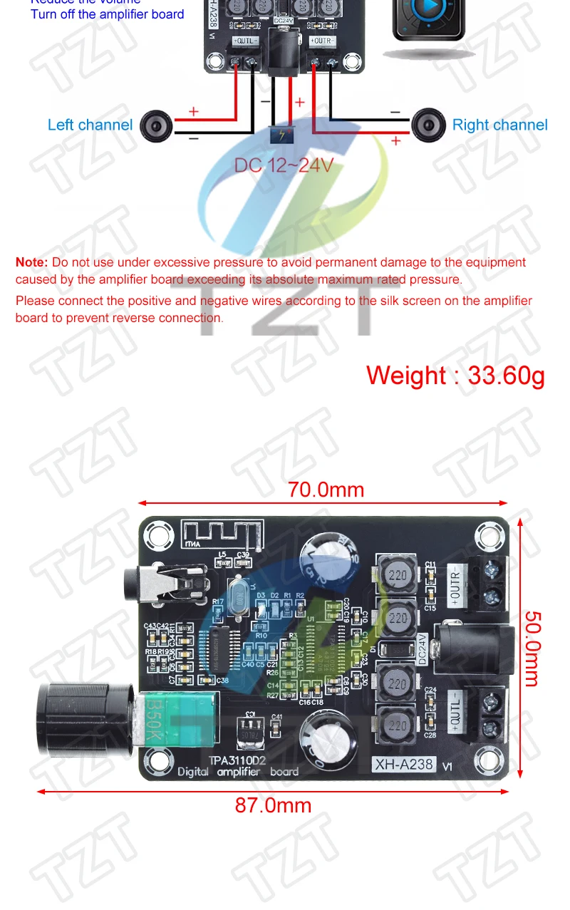 DC12-24V XH-A238 Universelles Verstärkerboard Bluetooth 5.0 TPA3110D2 Audio-Verstärker Zweikanal 30W*2 HiFi Stereo Heimverstärker – Detail 2
