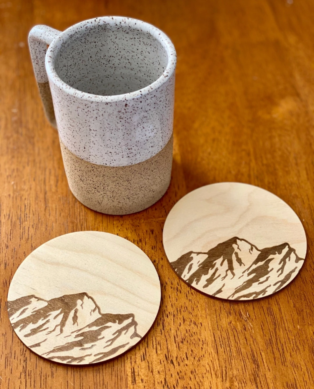 

Mountain Engraved Wood Coasters Set Laser Engraved Mountain Silhoutte on Each Wood Coaster Mother Gift