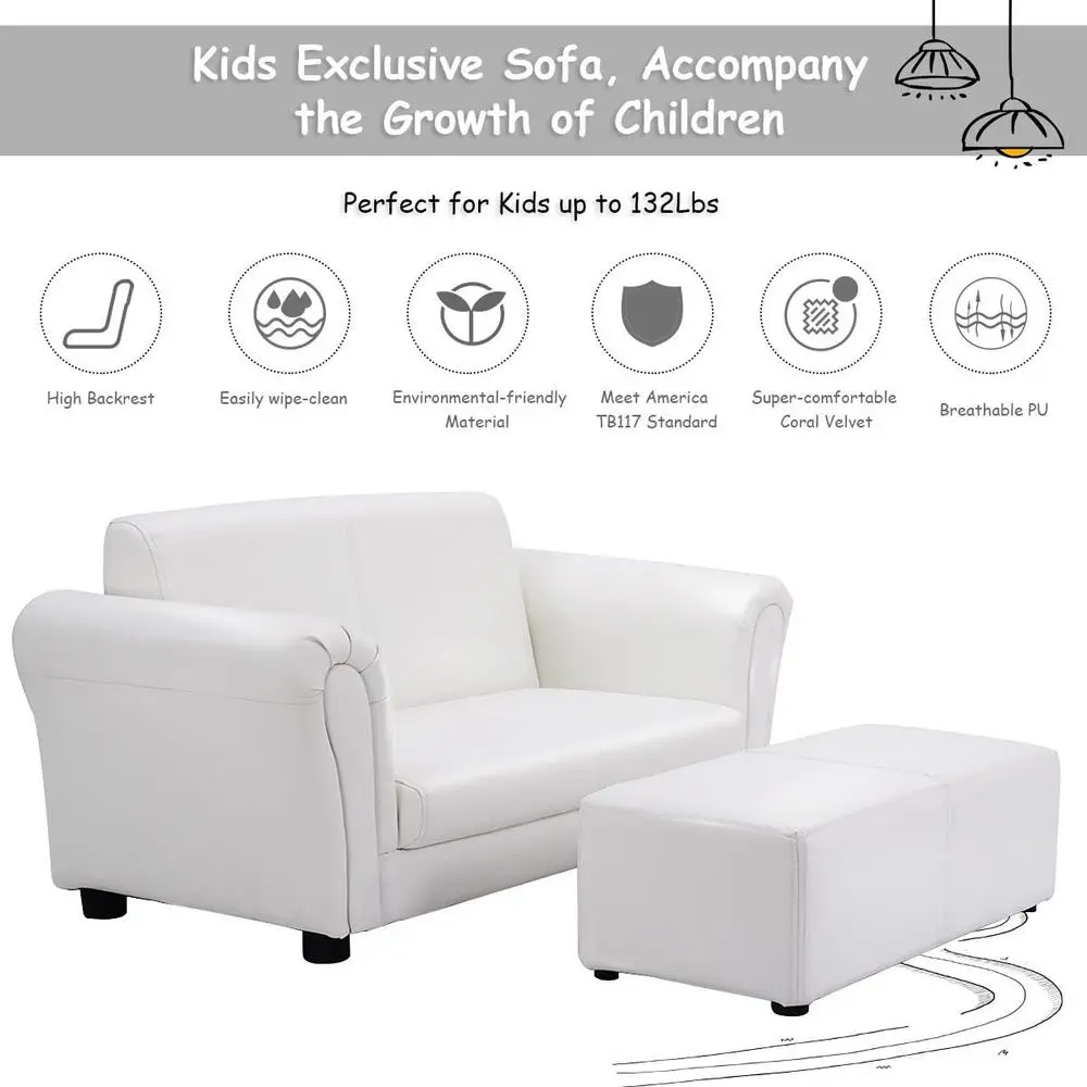 White Kids Sofa Armchair with Ottoman Comfortable Children Lounge Chair Great Reading Watching TV Playroom Birthday Gift 6
