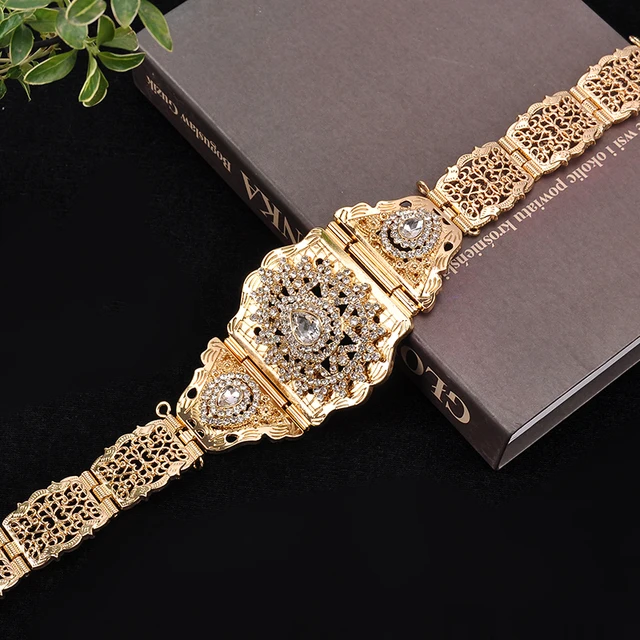 Arab Wedding Ornaments Set Fashionable Green Rhinestone Jewelry Moroccan Women Pearl Earrings Pearl Necklace Waist Chain, Waist chain 3