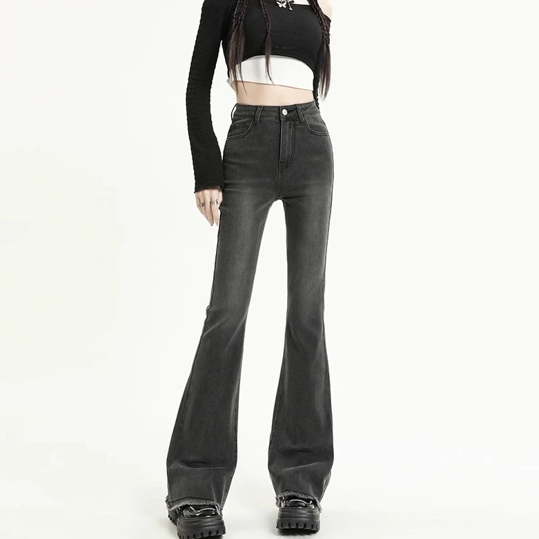 

Smoke gray cold wind advanced sense of raw edge micro flare jeans female spring and autumn new high-waisted Slim horseshoe pants