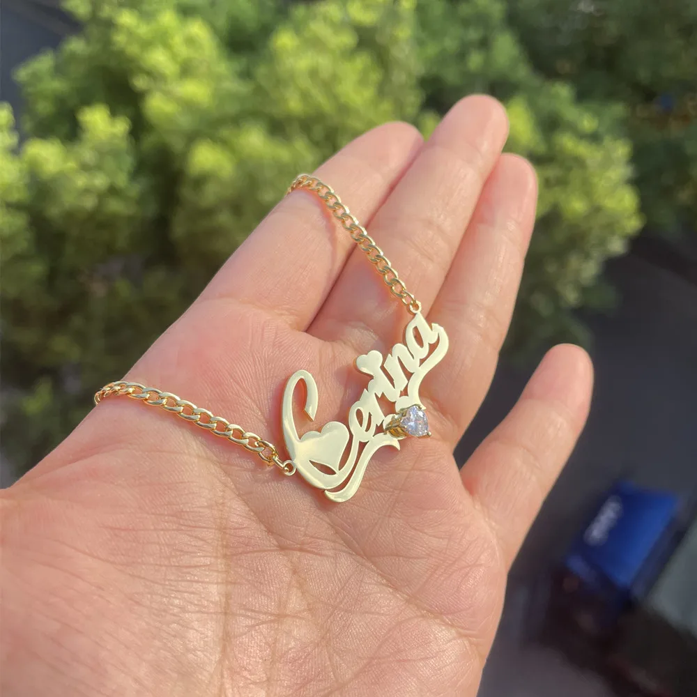 

3UMeter Heart Zircon Custom Name Necklace for Women Girls Cute Personality Letter Nameplate Necklace Gift