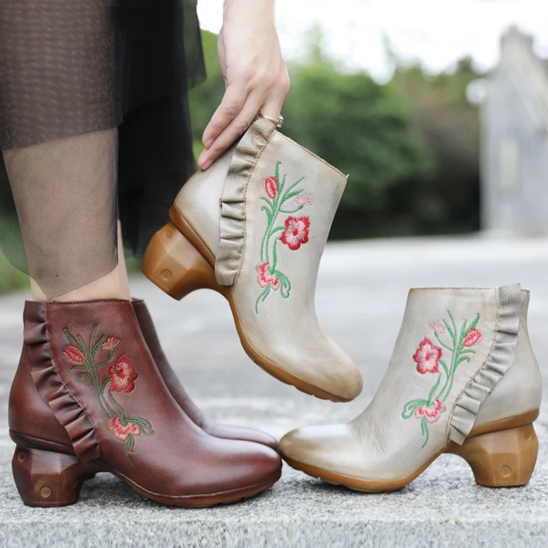 

Женские ботильоны с вышивкой на высоком каблуке Женская обувь с цветами серая натуральная кожа женская обувь рыцарские сапоги брендовые 2023