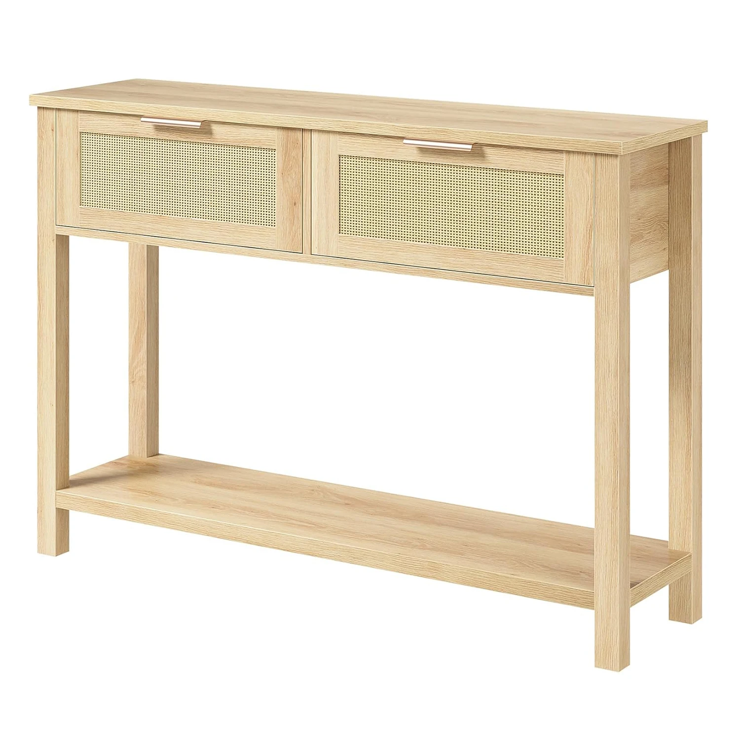 2-Tier Boho Rattan Wooden Entrance Console Table 2 Drawers 2 Shelves Narrow Sofa Table for Living Room Hallway Entrance